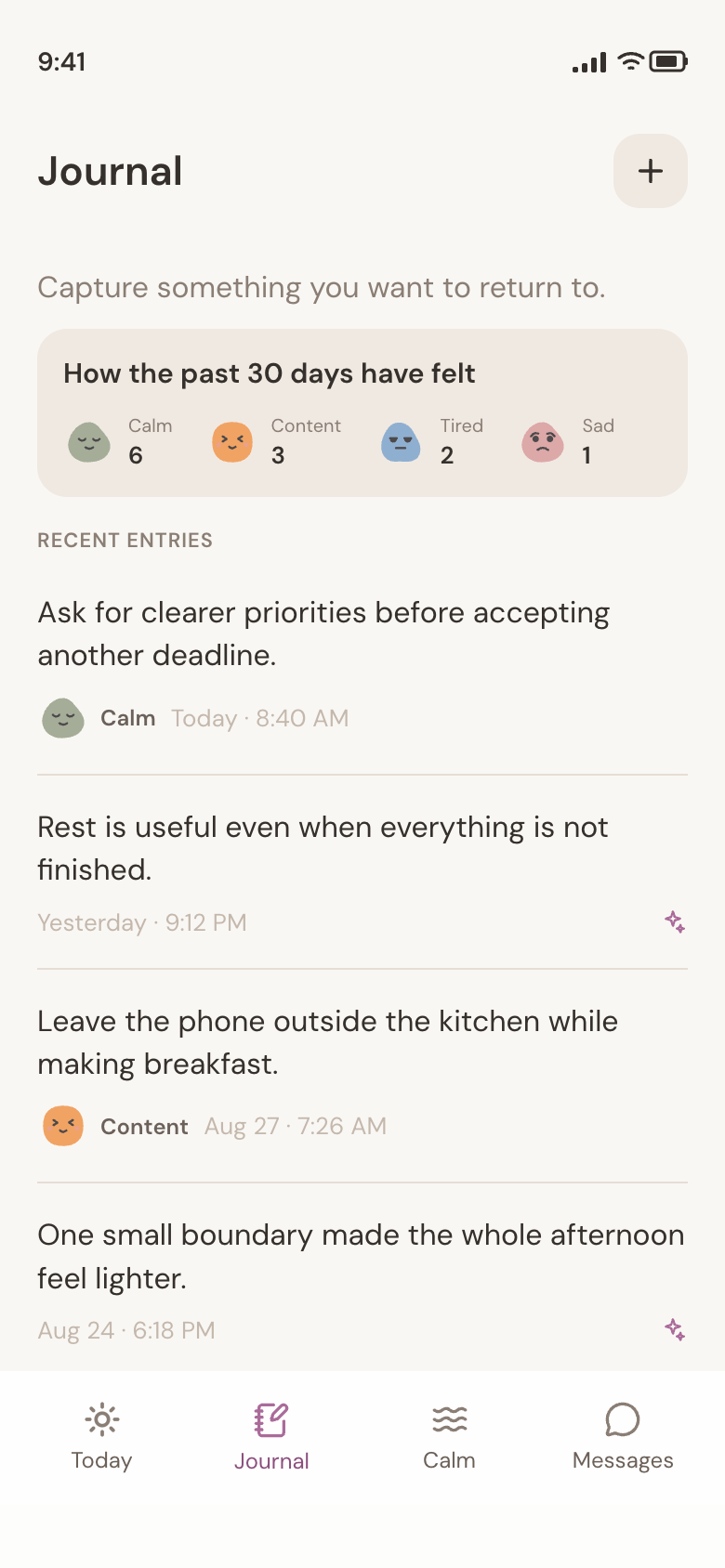 Journal screen: a 30-day summary of how you have felt, with short reflective entries